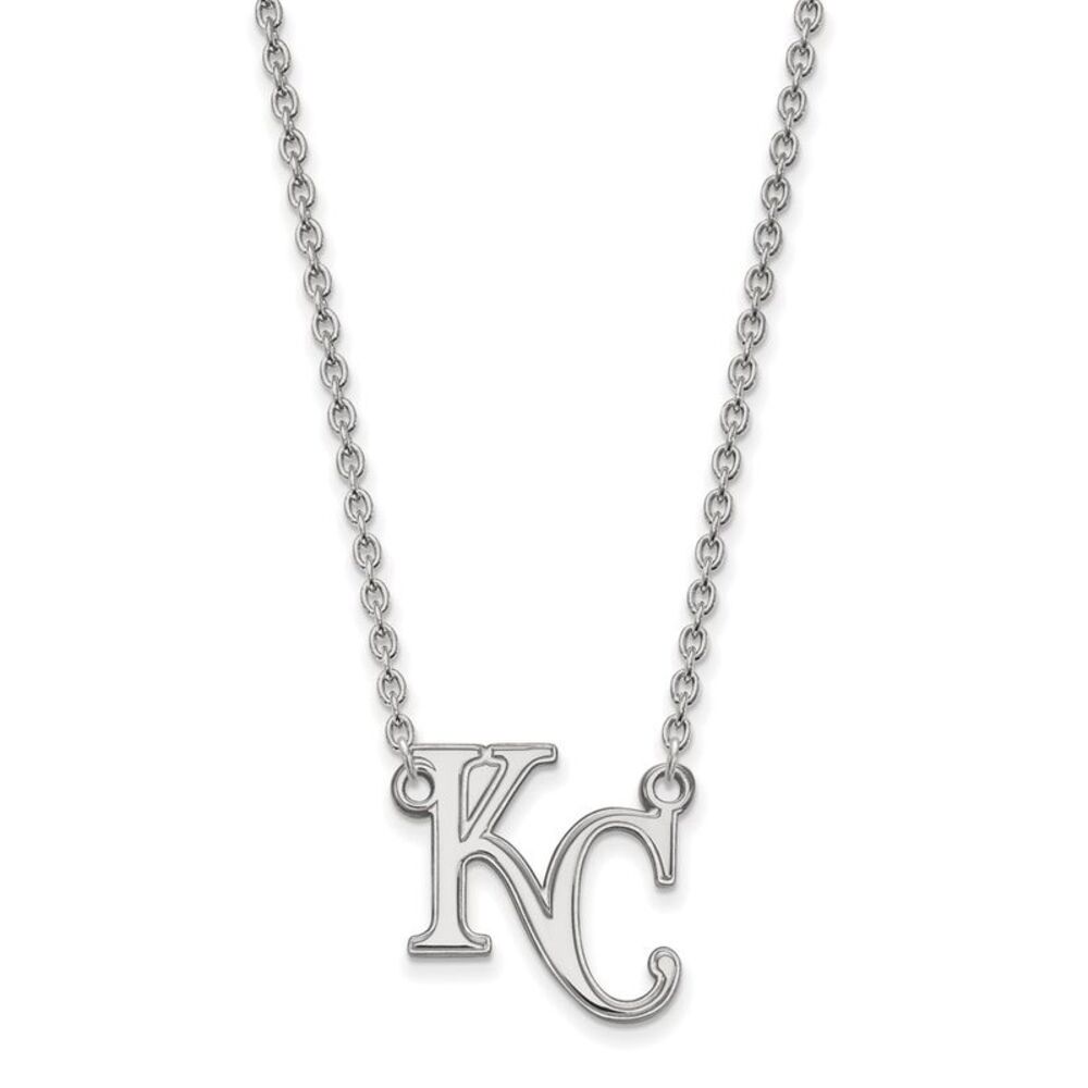14K White Gold MLB Kansas City Royals Large K-C Necklace, 18 Inch